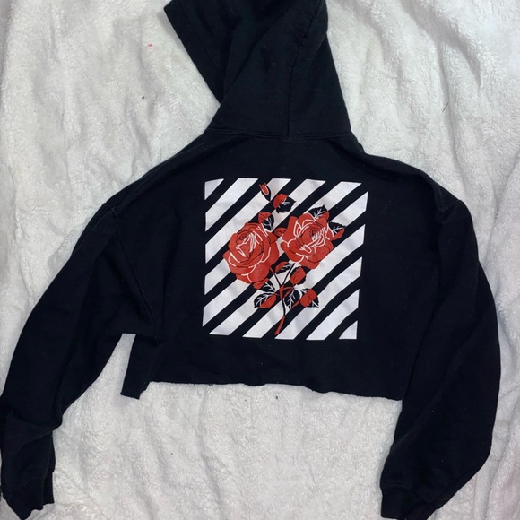 women’s black cropped rose hoodie - Picture 3 of 4